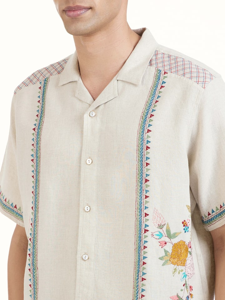 Detailed view of Beige Kantha Embroidered Shirt focusing on the fine craftsmanship and texture