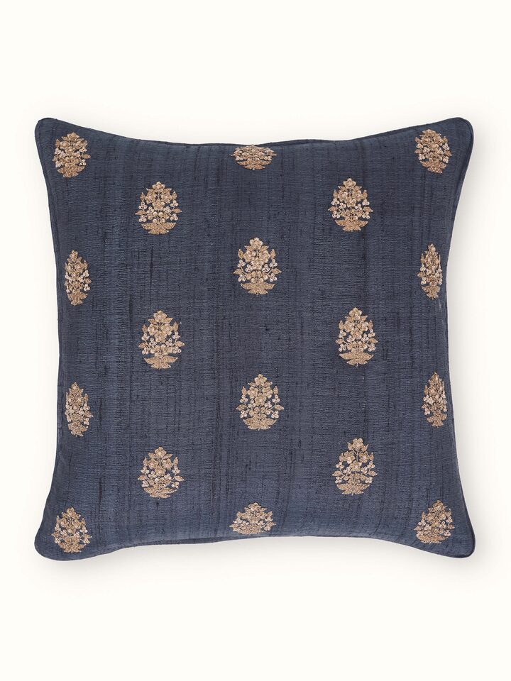 Alankar Dark Blue Buti Silk Zardozi Hand Embroidered Cushion Cover