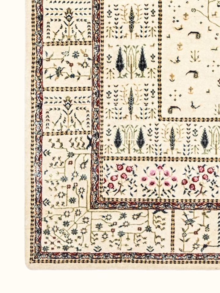 Detail view of Traditional Persian Ivory Tree of Life Bhadohi Wool & Bamboo Silk Hand Knotted Rug highlighting the intricate pattern and pile textu...