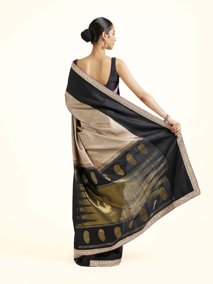 Back view of Black Silk Kancheepuram Aari Embroidered Saree showing the pleats and finish