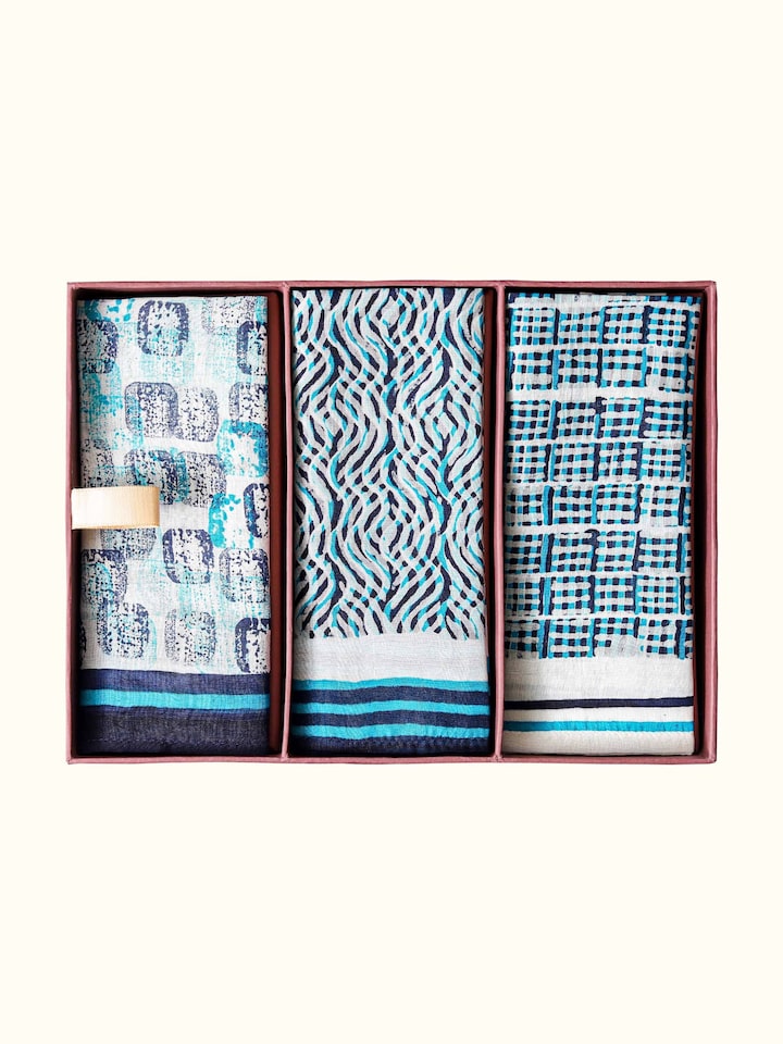Close-up of Assorted Silk Block Printed Pocket Squares (3Pcs) emphasizing the intricate detailing and quality