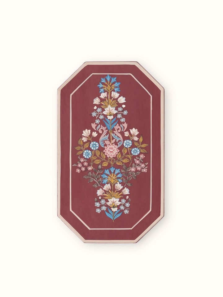 Side view of the marquetry papier-mache and wood decorative container, highlighting the intricate details and craftsmanship.