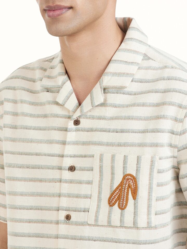Detailed view of Ivory Kutchi Embroidered Shirt focusing on the fine craftsmanship and texture