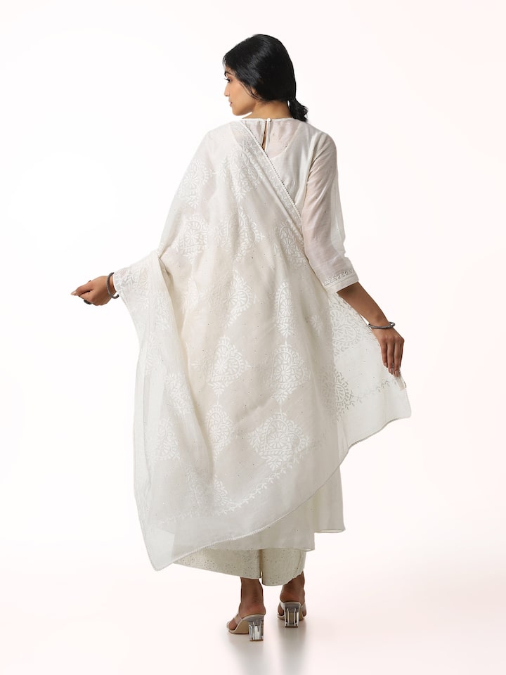Back view displaying overall chikankari design on cotton silk dupatta