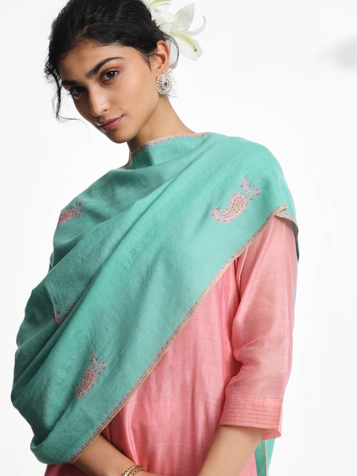 Styled detail view of Pink Jalidar Sozni Embroidered Stole showing another styled drape angle