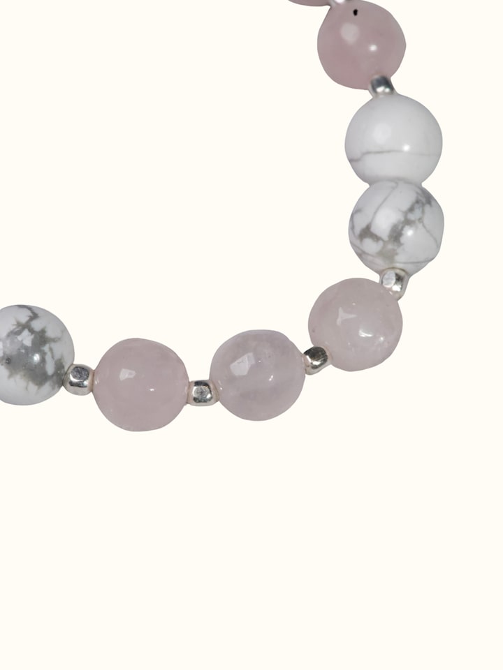 Close-up view of Gemstone Rose Quartz & Howlite Bead Silver Bracelet highlighting the stone setting and metalwork detail