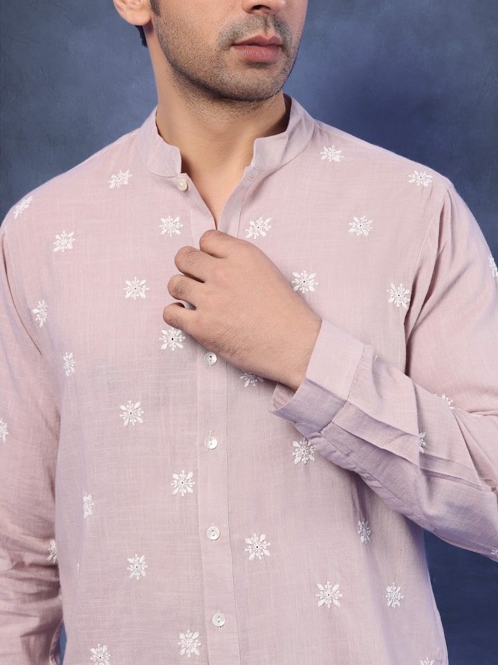 Close-up of Grey Cotton Chikankari Shirt emphasizing the intricate detailing and quality