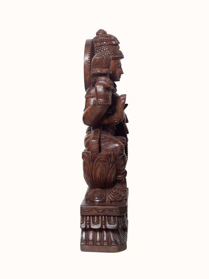Back detail view of the Wood Carved Lakshmi Devi Idol