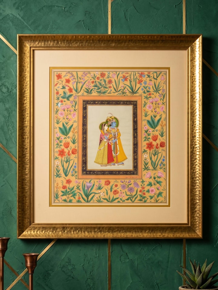 Styled view of Radha Krishna Floral Miniature Painting displayed against a styled backdrop