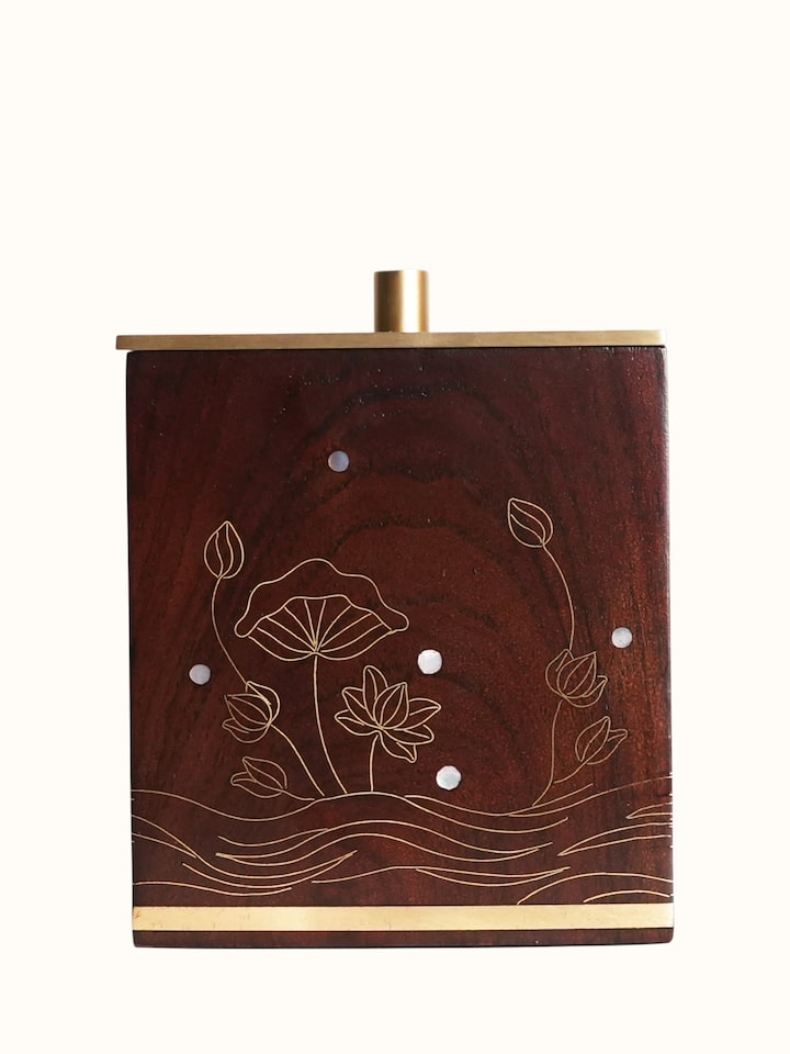 Detail view of the Kamal Tarkashi Teak Wood Cotton Jar