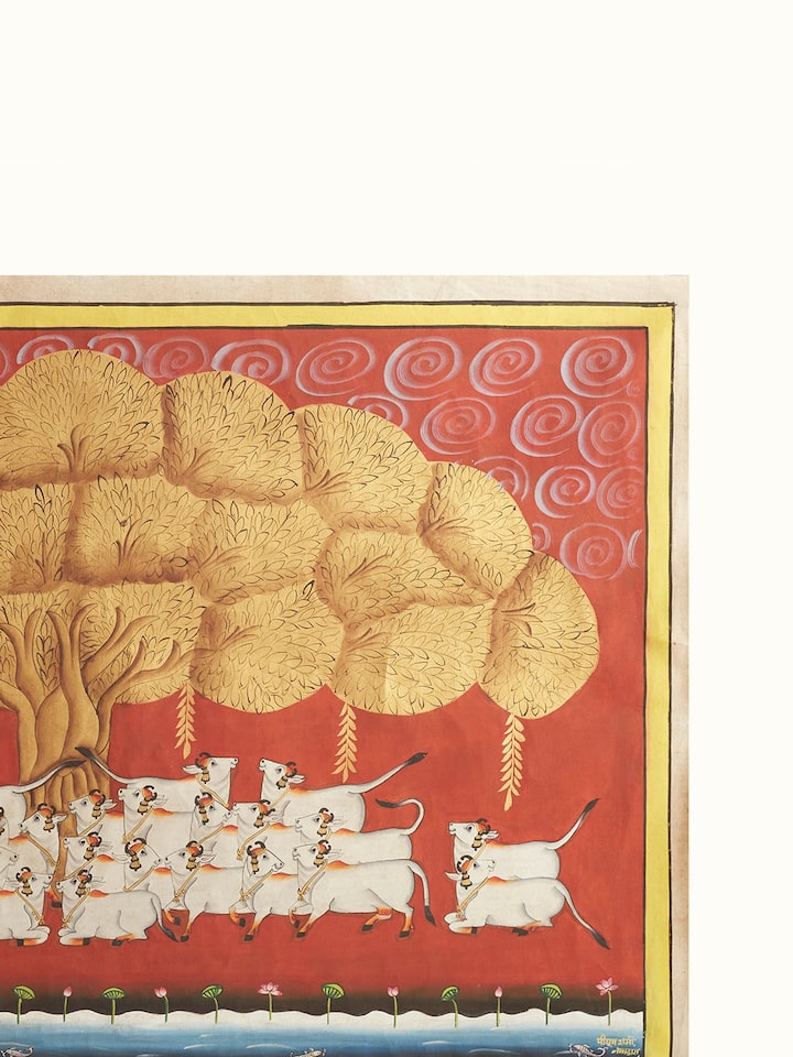 Front detail view of the Herd of Cows Under The Tree Pichwai Painting