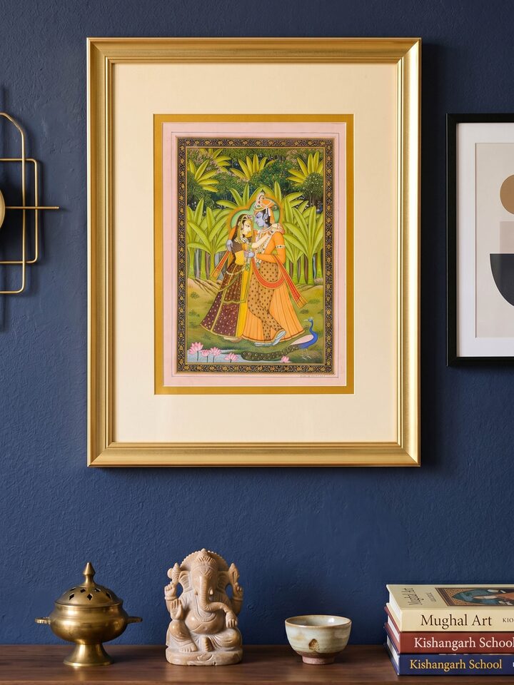 Styled view of Radha Krishna Vrindavan Miniature Painting displayed against a styled backdrop