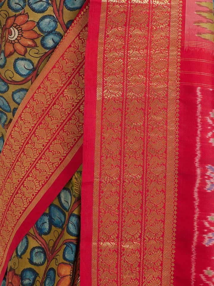Draped detail view of the Silk Ikat Hand-Painted Kalamkari Saree
