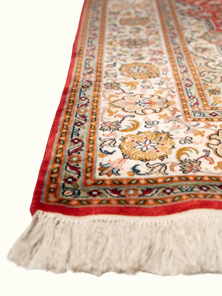 Traditional Kashan Red Kashmir Silk Hand-Knotted Carpet
