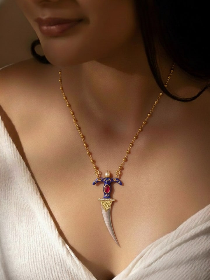 Styled view of Meenakari Silver Pendant & Chain worn around the neck, showing how it looks styled