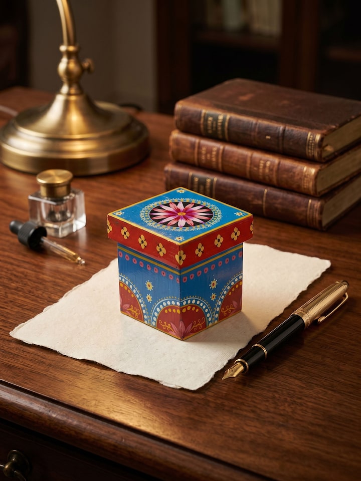 Side view of the Ganjifa Card Sheet Paperweight Blue