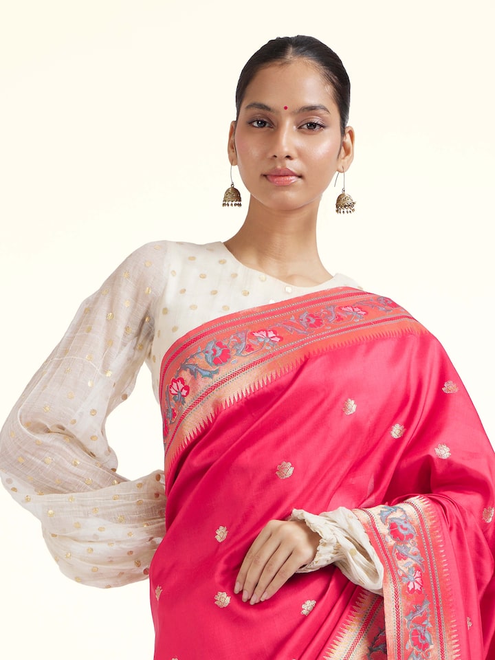 Angled view of Aadhya silk Paithani saree emphasizing rich silk texture