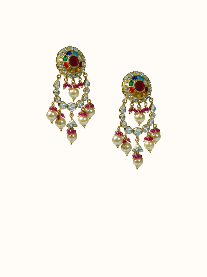 Close-up view of Navratna Silver Drop Earrings highlighting the stone setting and metalwork detail