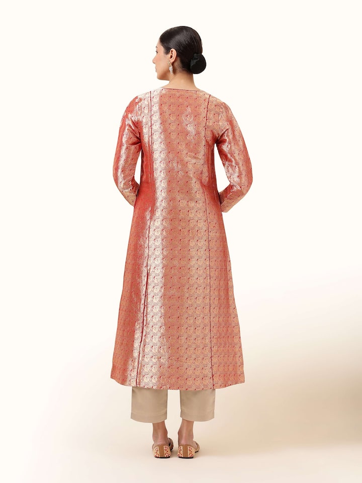 Back view of Red Silk Banarasi Kurta showing clean finish and subtle zari accents on the rear panel.
