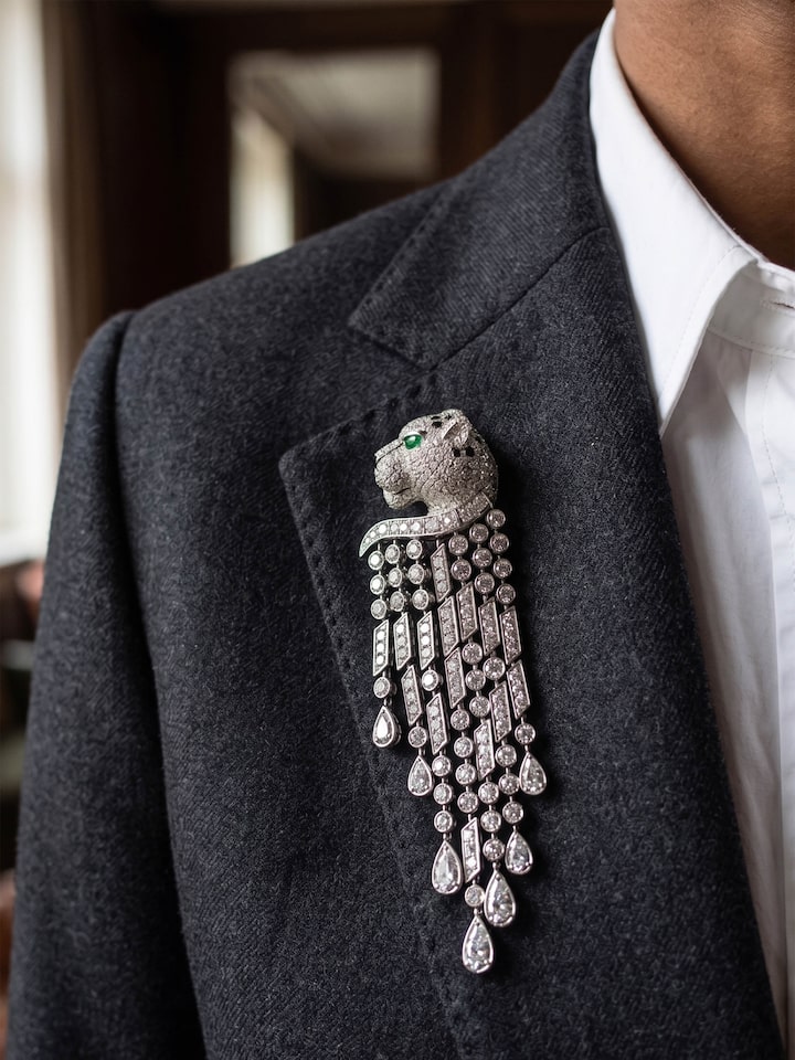 Styled view of Silver Smithing Brooch Pin pinned onto fabric, showing how it looks styled