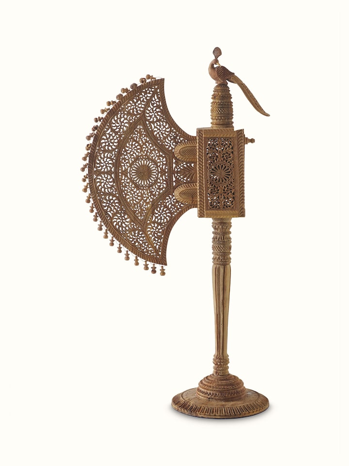 Front view of Bilara carved sandalwood jaali fan sculpture with intricate carvings