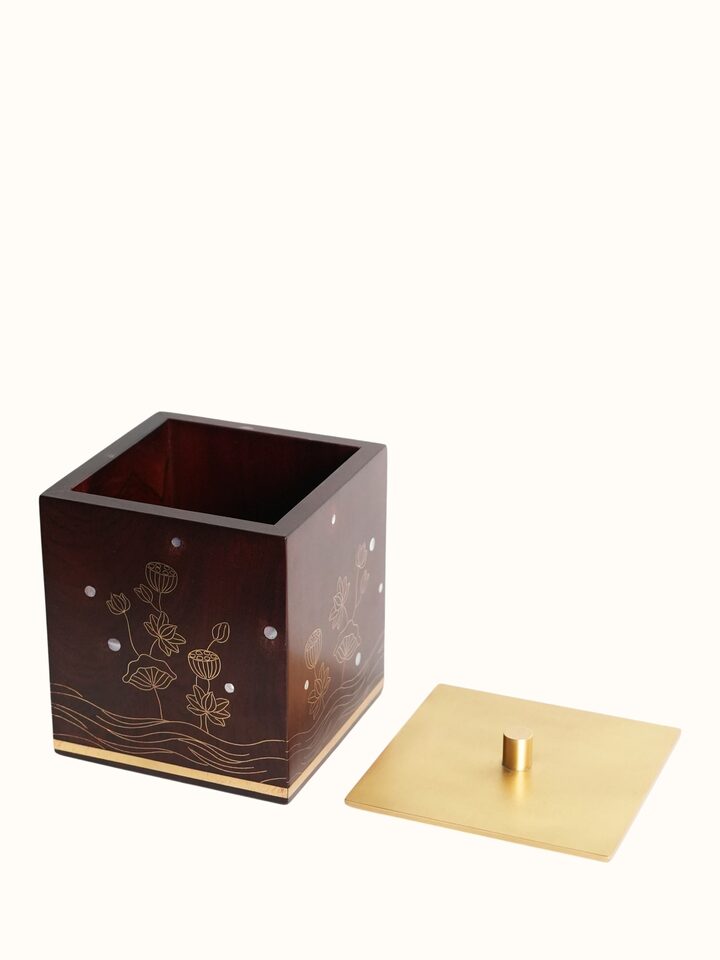 Top view of the Kamal Tarkashi Teak Wood Cotton Jar
