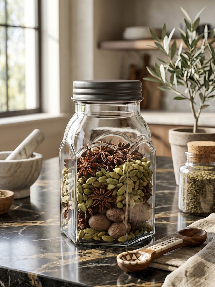 Front view of the Firozabadi Glass Work Jar with Grey Lid