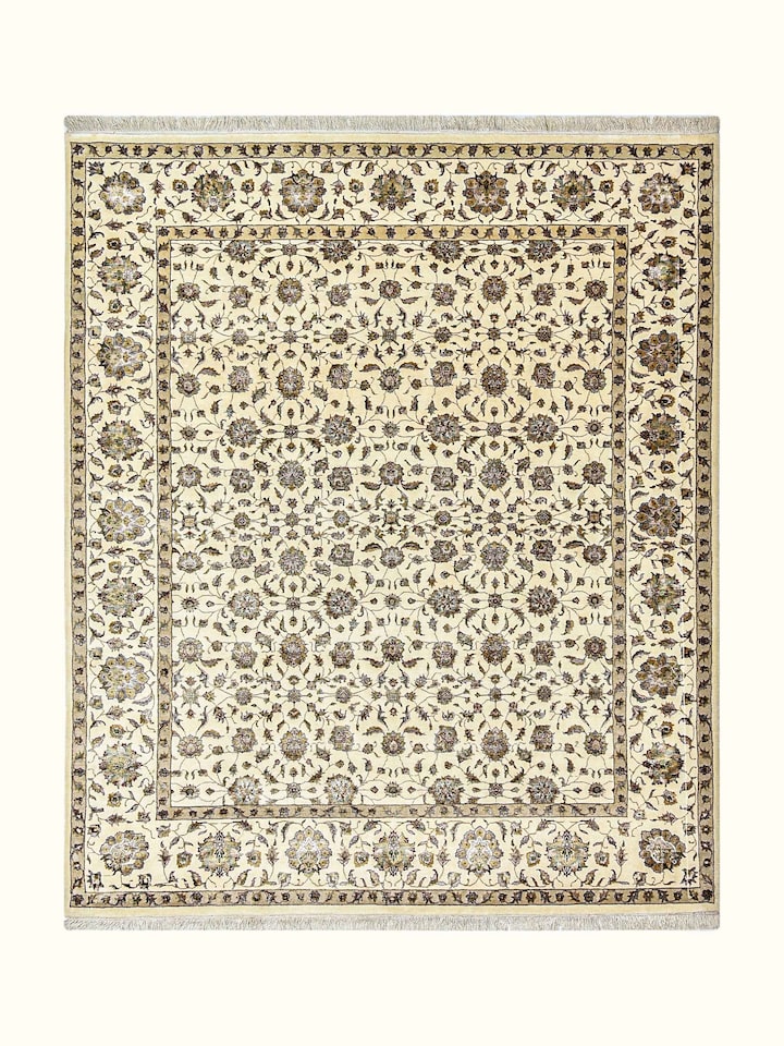 Front view of Traditional Kashan Ivory Beige Bhadohi Wool-Viscose Hand Knotted Rug showing the full rug and pattern layout
