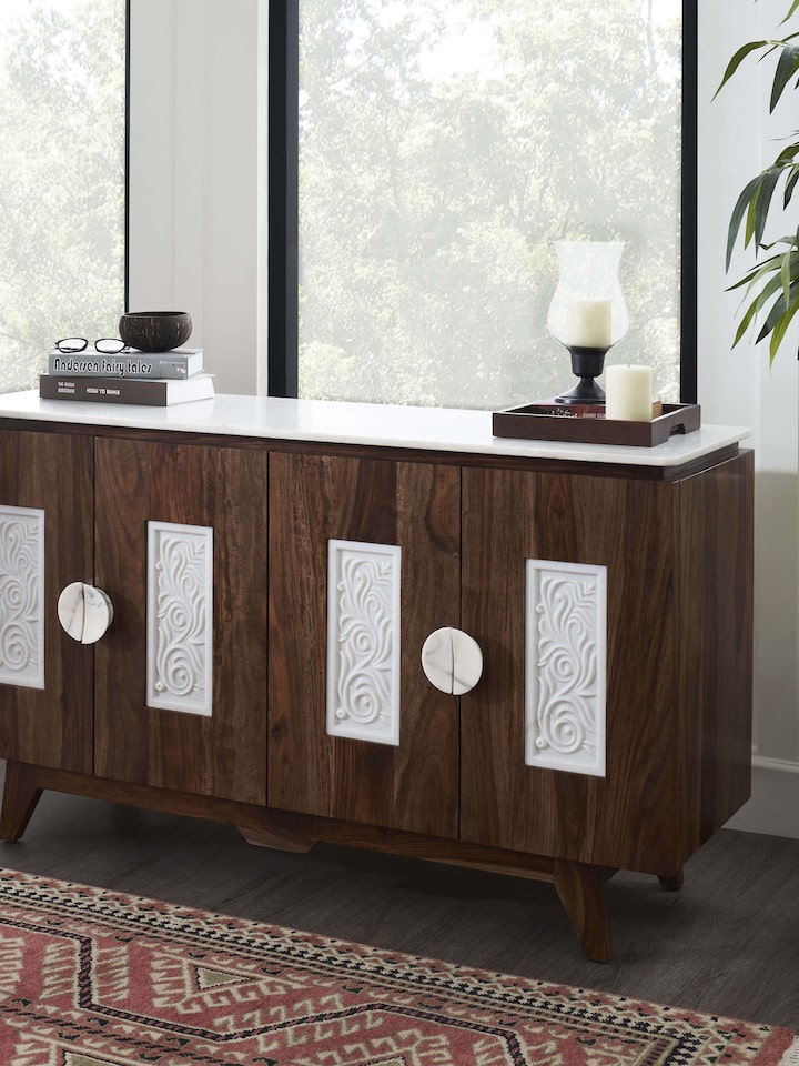 Side view of Sheesham Wood & Carved Marble Top Sideboard highlighting elegant craftsmanship and marble detailing.