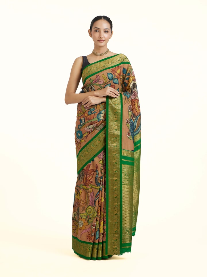 Front view of the Silk Kalamkari Painted Kanchipuram Saree