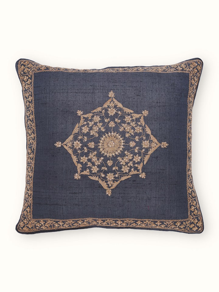 Front view of Alankar Dark Blue Buta Silk Zardozi Embroidered Cushion Cover showing the full piece and pattern