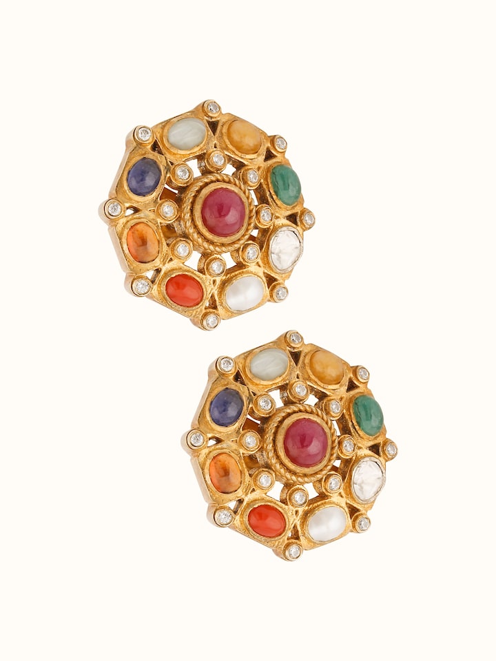 Overview of Navratna Silver Studs showing the complete piece laid out