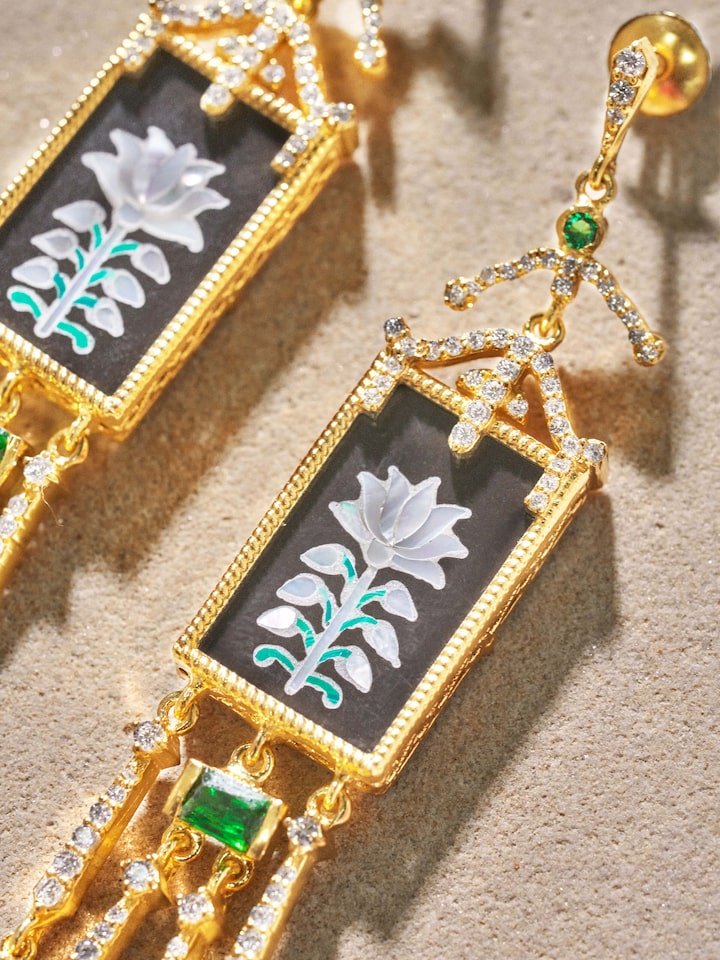 Detail view of Parchinkari Silver Drop Earrings highlighting the stone setting and metalwork detail, from a different angle