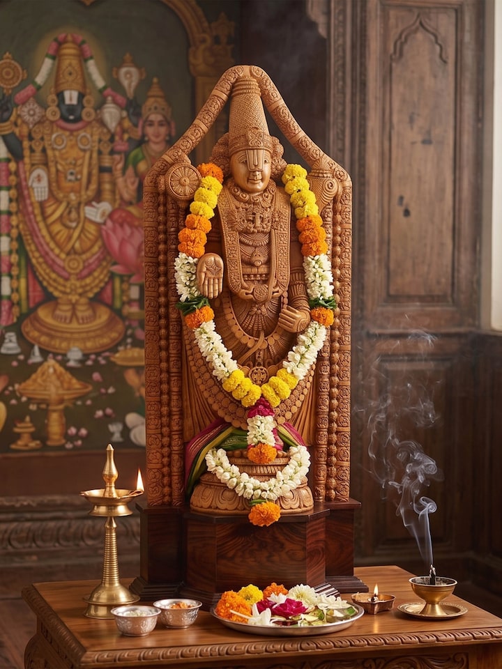 Styled view of Venkatesa Carved Shivani Wood Balaji Idol styled in a home setting