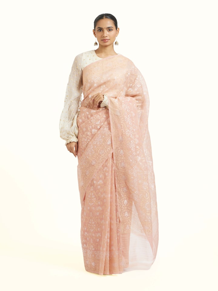 Front view of the Tan Cotton Awadh Jamdani Banarasi Saree