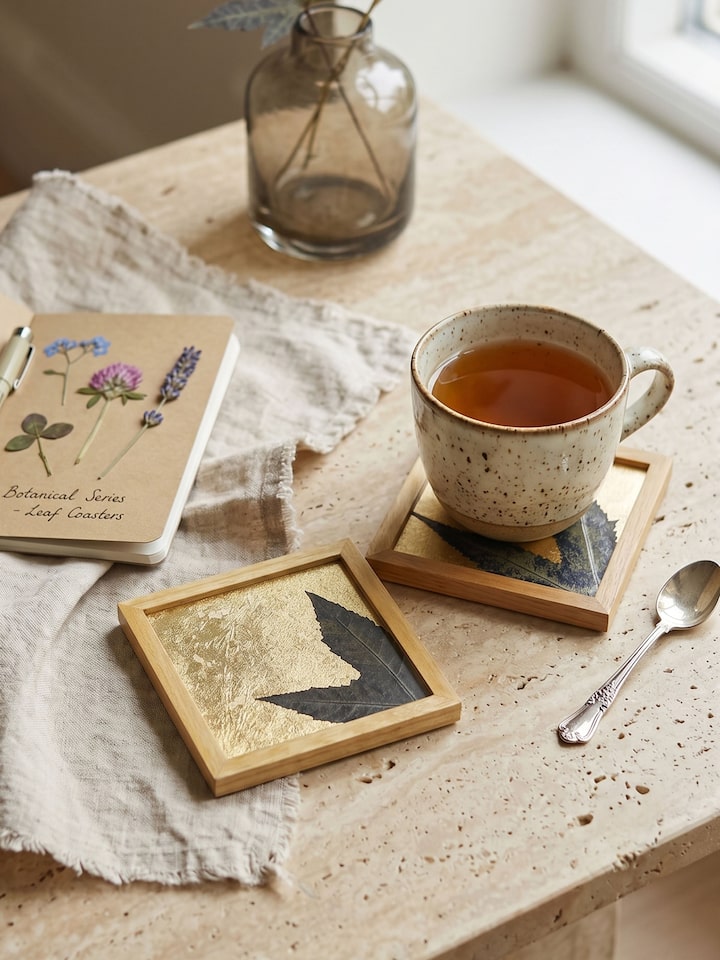 Left-side view of the Auroville Handmade Paper Chinar Coasters (2 Pcs)