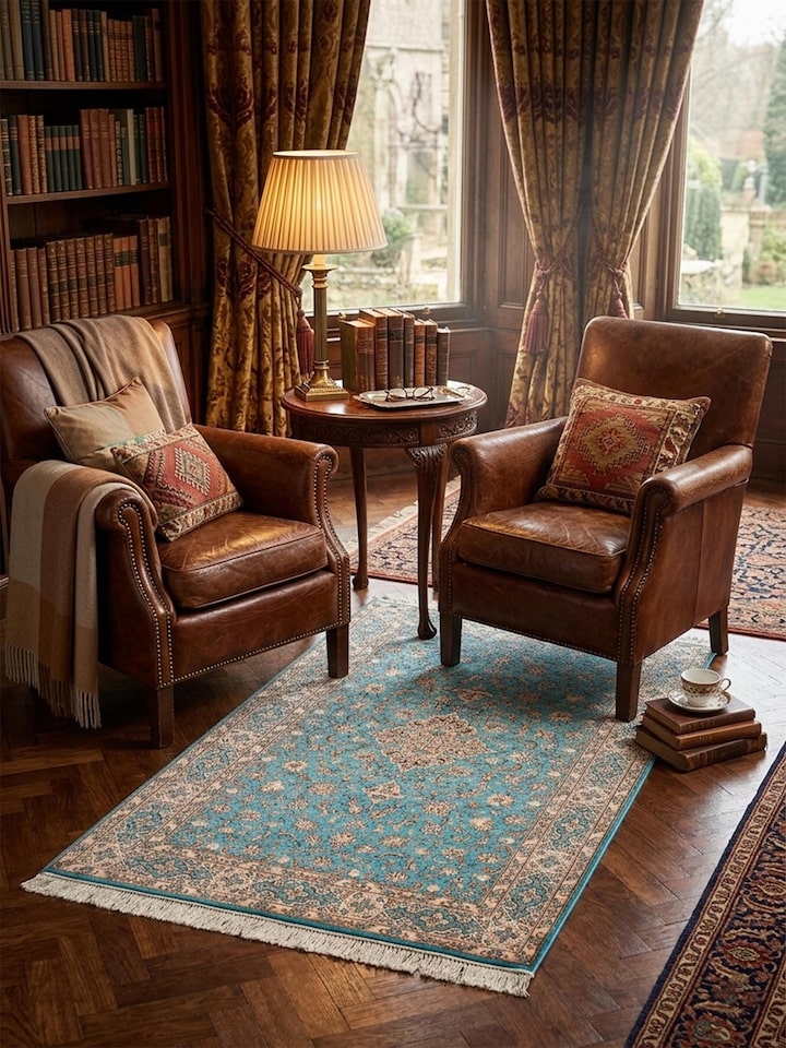 Lifestyle view of the Traditional Persian Turquoise Medallion Kashmir Silk Hand-Knotted Carpet