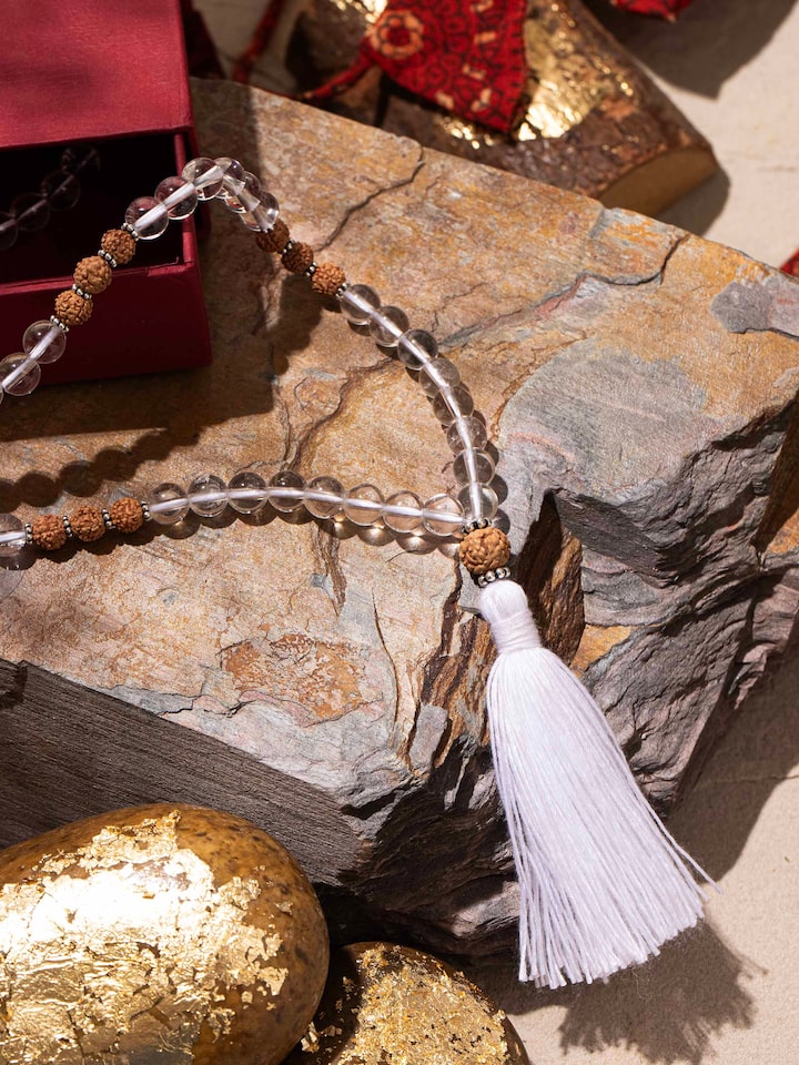 Side view of Rudraksha & Sphatik Silver Mala, emphasizing the spiritual balance and reflective properties