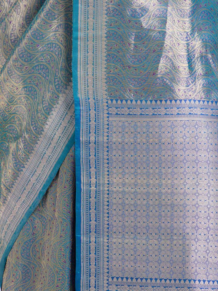 Detailed view of Blue Banarasi Tissue Silk Saree focusing on the fine craftsmanship and texture