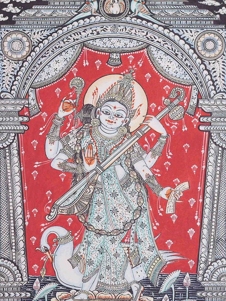 Detail view of the Saraswati Canvas Patachitra Painting