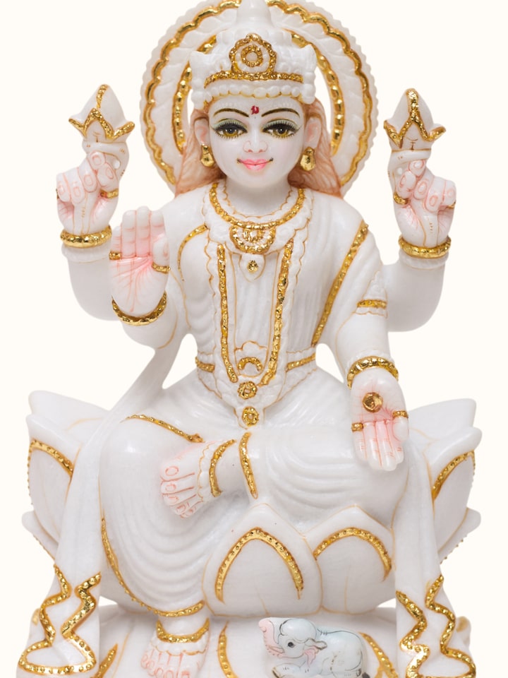 Detailed view of the Marble Carved Lakshmi Idol