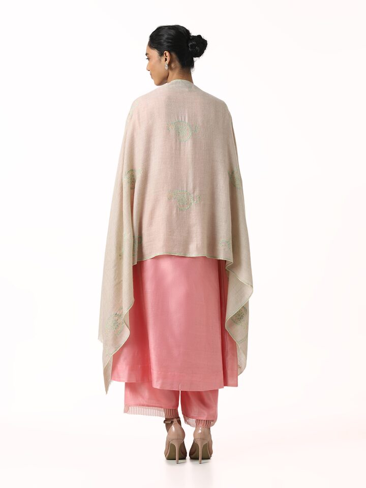 Back view of beige jalidar sozni embroidered stole displaying all-over embroidered pattern