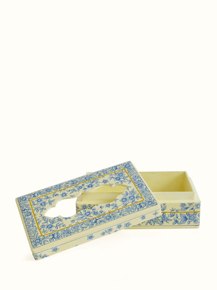 Close-up view of Papier-mache & Wood Tissue Box in white from Swadesh showcasing the smooth surface and intricate craftsmanship