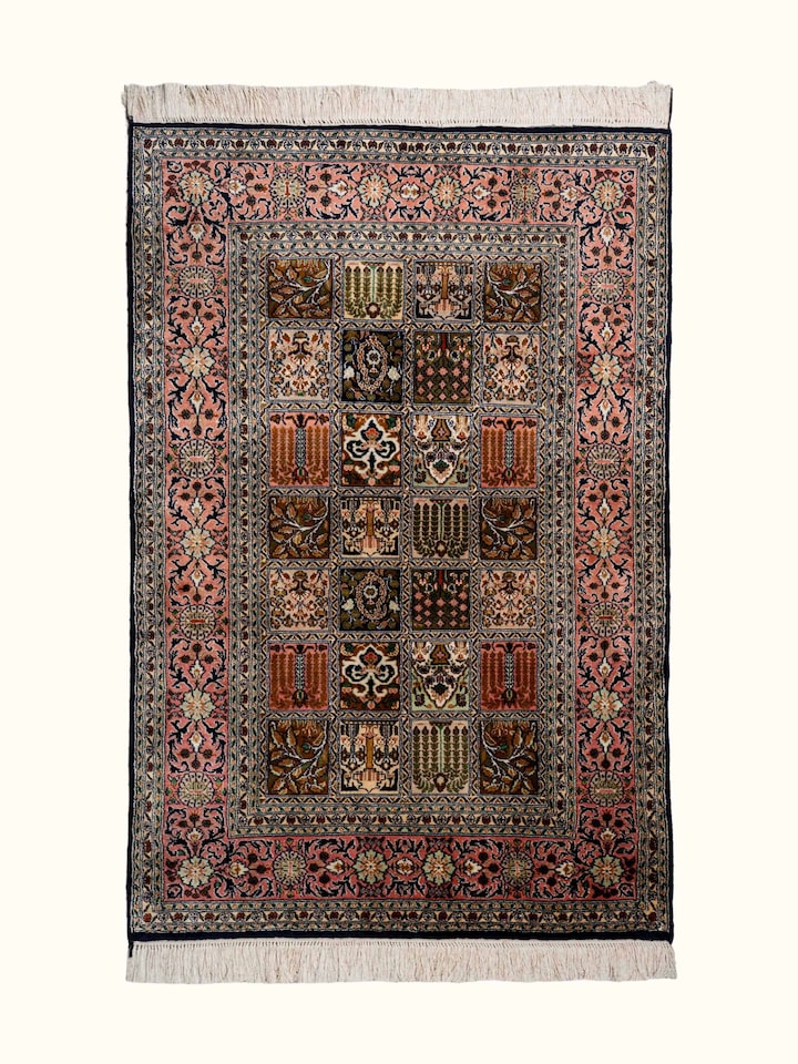 Front view of Traditional Persian Pink Dabdar Kashmir Silk Hand-Knotted Carpet showing the full rug and pattern layout
