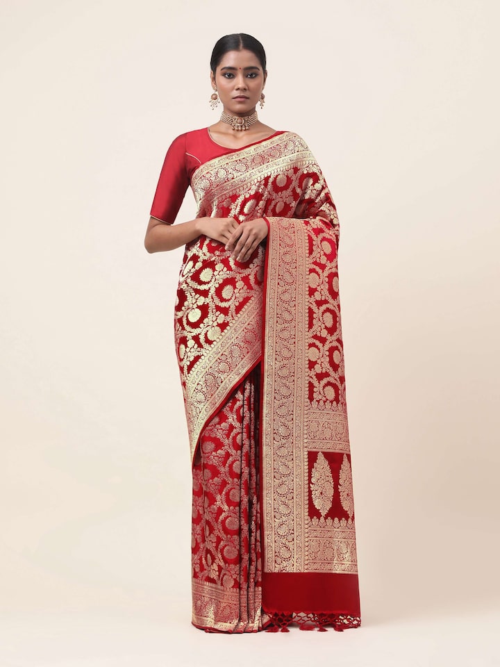 Front view of Ruby Wine Mulberry Satin Silk Banarasi Saree featuring rich ruby wine color and Banarasi zari work