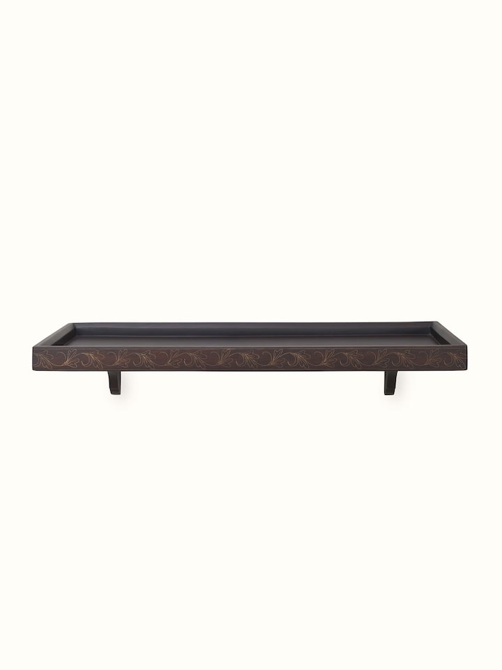 Front view of Sheesham Wood & Brass Tarkashi Rectangular Wall Shelf featuring traditional Tarkashi brass inlay and rich sheesham wood.