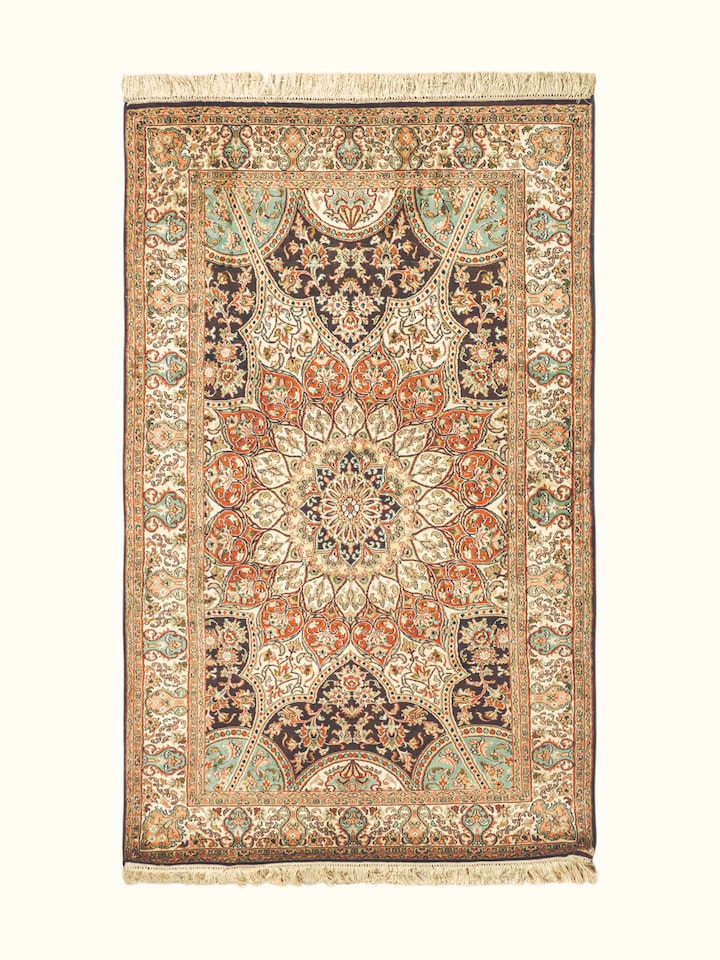Front view of the Swadesh Traditional Persian Rust Sage Medallion Kashmir Silk Hand-Knotted Carpet