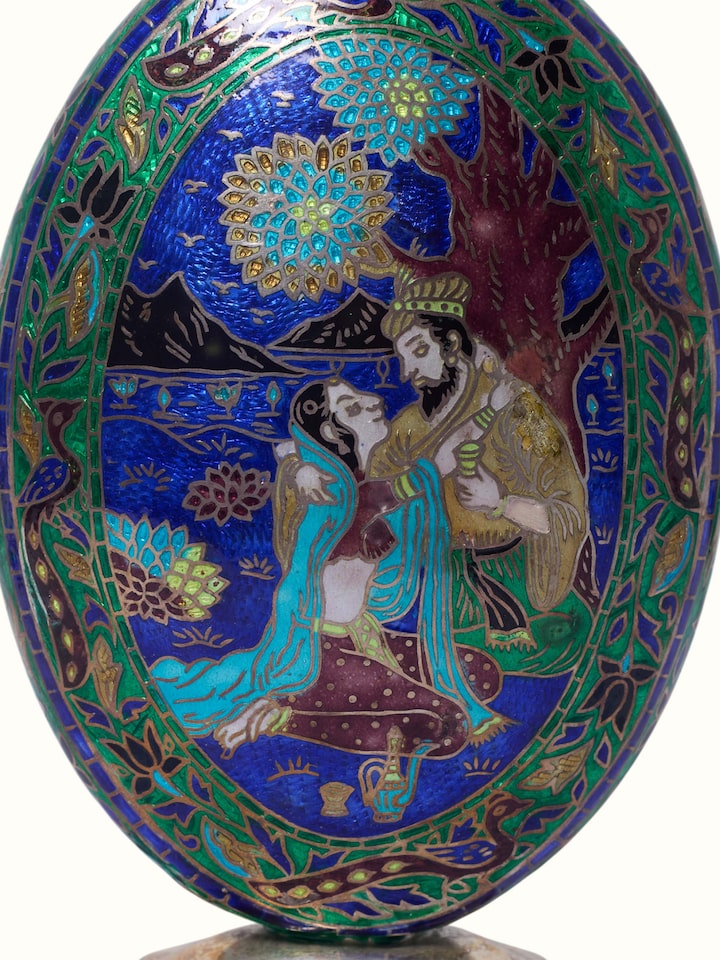 Detail view of Enamelled Silver Flask highlighting the handcrafted detailing and finish