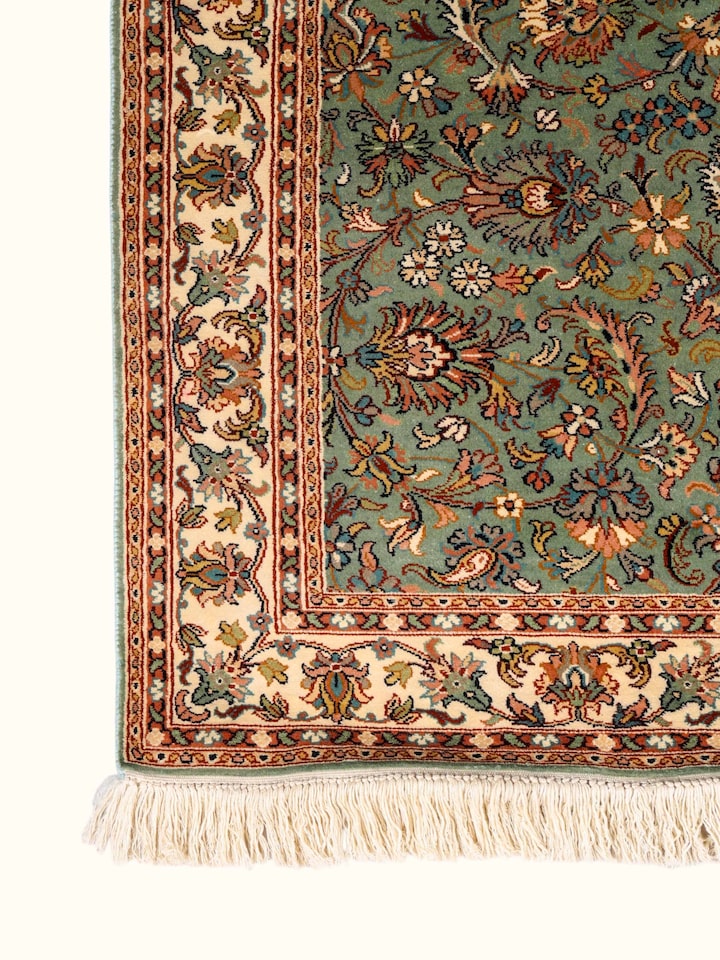 Detailed view of the Traditional Persian Sage Cream All-Over Kashmir Silk Hand-Knotted Runner craftsmanship