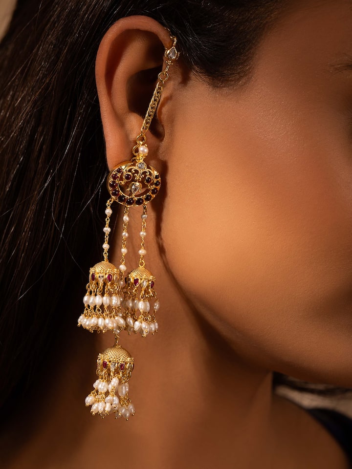Alternate side view of Guttapusalu silver drop earrings emphasizing fine craftsmanship